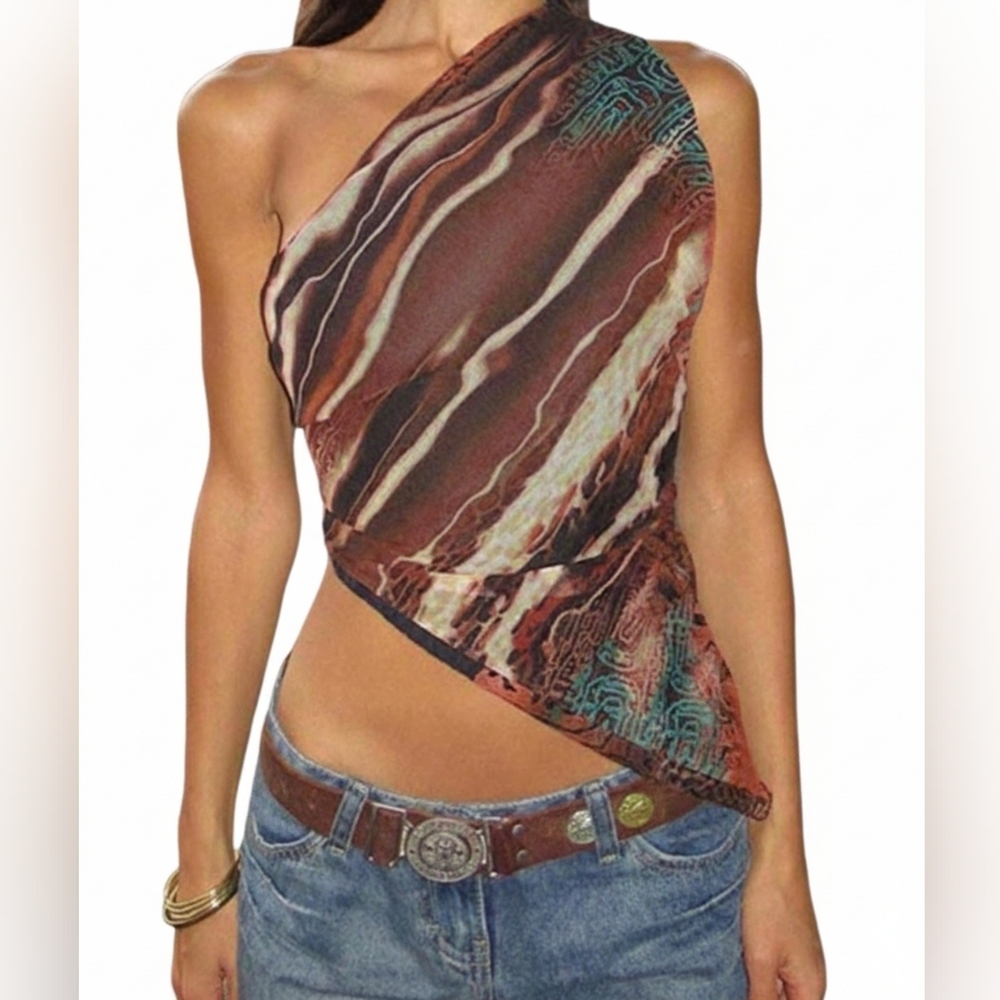 Asymmetric One-Shoulder Brown Patterned Women’s Top